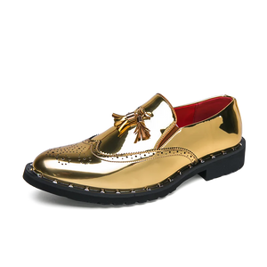 British Style Golden Tassel Brogues  Men's Pointed Leather Dress Shoes Men Slip-on Wedding Loafers MartLion golden 6922-1 38 CHINA