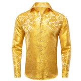 Hi-Tie Navy Blue Gold Paisley Floral Men's Silk Shirt Long Sleeve Casual Shirt Jacquard Party Wedding Dress MartLion CY-1089 S 