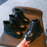 Kids Casual Boots PU Leather Black Zipper for Boys Girls Cross-tied Children Ankle High Boots Anti-skid Round Toes Soft MartLion