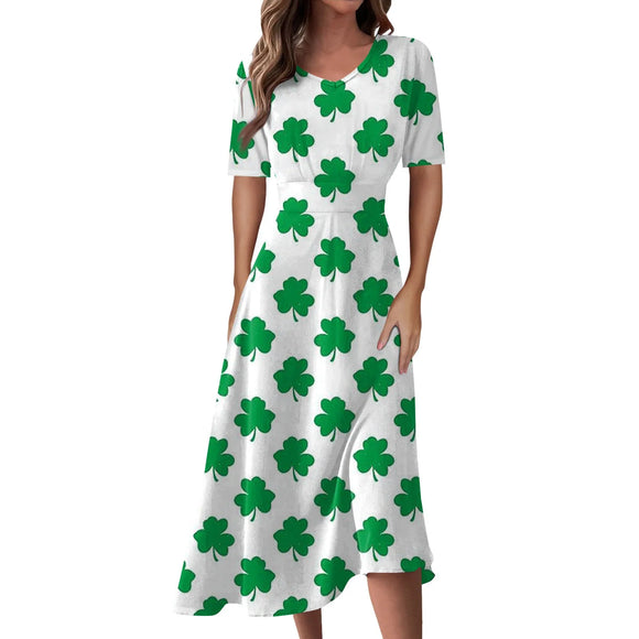  Women's Clothing Unique St Patrick's Day Print Mid-Calf Dresses Round Neck Short Sleeves Frocks MartLion - Mart Lion
