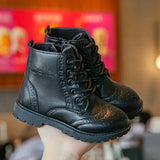 Kids Casual Boots PU Leather Black Zipper for Boys Girls Cross-tied Children Ankle High Boots Anti-skid Round Toes Soft MartLion