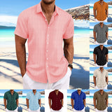Cross-border men's linen striped jacquard casual loose short-sleeved shirt MartLion pink L 