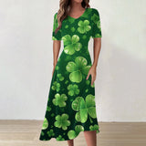 Women's Clothing Unique St Patrick's Day Print Mid-Calf Dresses Round Neck Short Sleeves Frocks MartLion Dark Green S CHINA
