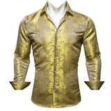 Barry Wang Gold Paisley Bright Silk Shirts Men's Autumn Long Sleeve Casual Flower Shirts Designer Fit Dress Shirts MartLion 0618 S 