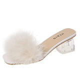 Mules Sandal Women Summer Outdoor Slippers Square Toe High Heels Office Ladies Feather Slides Chic Classics Furry Shoes MartLion WHITE 36 