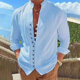 Spring Autumn casual shirt loose Men's Solid Color Long Sleeve Shirt Button Shirts Vintage MartLion light blue US XXXL 
