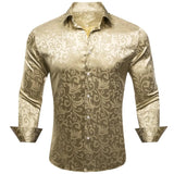 Designer Men's Shirts Silk Gold Embroidered Paisley Flower Long Sleeve Casual Blouses Slim Fit Clothing Lapel Tops Barry Wang MartLion 0689 S 