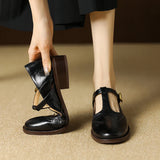 Spring Genuine Leather Women Pumps Shoes Round Toe Chunky Heel Retro Mary Janes Block Leather Shoes Shallow MartLion   