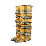 Color Blocking Plaid Pleated Sleeve Long Boots for Women with Slim High Heels and Seasonal MartLion 817-yellow 47 