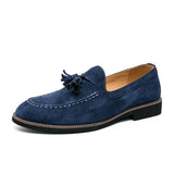 Spring Suede Men's Tassel Design Loafers Slip-on Handmade Nubuck Shoes Pointed Toe Thick Sole MartLion Blue 46 
