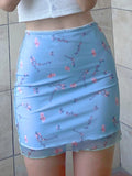 Women Floral Printed Mesh Summer Skirt Bodycon Polyester Mini Short Elastic Waist Casual MartLion Blue S 