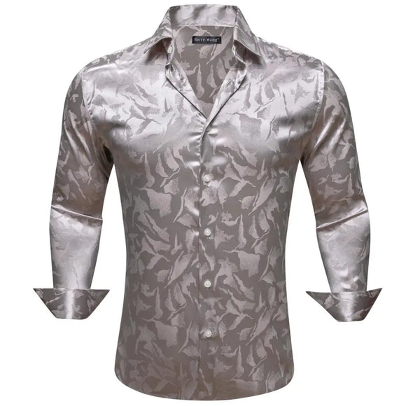  Luxury Shirts Men's Silk Satin Silk Gray Leaves Long Sleeve Blouses Casual Lapel Tops Breathable Streetwear Barry Wang MartLion - Mart Lion