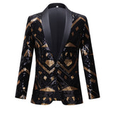 Men's Luxury Wave Striped Gold Sequin Blazer Jacket Shawl Lapel One Button Shiny Wedding Party Suit Dinner Tuxedo Mart Lion Pattern 7 US XS 