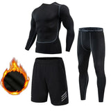 3pcs Gym Thermal Underwear Men's Clothing Sportswear Suits Compression Fitness Breathable quick dry Fleece men top trousers shorts MartLion 3pc Style 2 S 