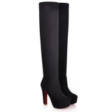 Women High Heels Slip On Over the Knee Long Boots Platform Ankle Patchwork Flock Two Ways Wear MartLion Black 41 