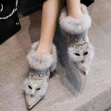 Women Rabbit Fur Snow Boots Autumn Winter Ladies Metal Pointed Toe Shoes Plush  Ankle Med Heels MartLion GRAY 41 