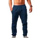 Pants Men Cotton Linen Trousers Casual Solid Elastic Waist Straight Loose Sports Running MartLion navy blue S 