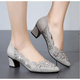 Hollow Out Genuine Leather Pumps Women Shoes Med Heels Square Diamond Mesh Ladies Office  Crystal MartLion   