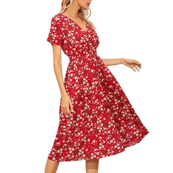 Women's Small Floral Printed Short-sleeved Dress, Summer Dresses   Women's Dress MartLion   