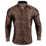Classic Silk Shirts Men's Brown Paisley Lapel Woven Embroidered Long Sleeve Formal Fit Wedding Barry Wang MartLion CY-0429 S China