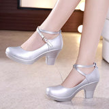Women Pumps With High Heels For Ladies Work Shoes Dancing Platform Pumps Genuine Leather Mary Janes MartLion Silver 33 