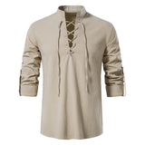 Men's Casual Blouse Cotton Linen Shirt Tops Long Sleeve Tee Shirt V-neck shirt Vintage Thin Mart Lion KHAKI S China|No
