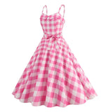 Women's Summer Dress Retro Pink Plaid Gown Christmas Party Clothes Robe Waisted Dress MartLion   