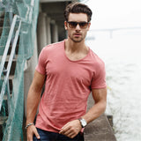  Cotton Men's T-shirt V-neck Design Slim Fit Soild Tops Tees Short Sleeve MartLion - Mart Lion