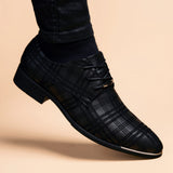 Men's Leather Concise Shoes Dress Pointy Plaid Black Breathable Formal Wedding Basic MartLion   