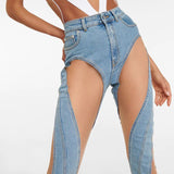 Design Patchwork Women's Pants Autumn Jeans Slim Fit Deconstructed Patchwork High Waist Split Blue Mart Lion Blue S 