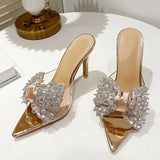 Liyke  Pointed Toe Mule High Heels Stripper Slipper Crystal Bowknot PVC Transparent Shoes Women Gold Sandals MartLion   