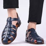 Men's Leather Sandals Trendy Summer Roman Shoes Casual Soft Beach Footwear Flats Mart Lion Blue 38 China