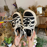 Women Canvas Flat Slippers Lace Up Casual Shoes Fashion Platform Slipper Lady Denim Beach Open Toe Sandals MartLion   