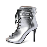 Women Summer Cool Boots Zippr Lace-up Sandals High Heels Cozy Indoor Ballroom Jazz Black Dance Shoes Mart Lion Silvery 34 
