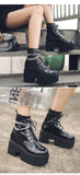 Patent Leather Gothic Black Boots Women Heel Chain Chunky Heel Platform Female Punk Ankle Zipper Goth Mart Lion   