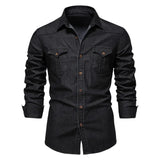 Brand Elastic Cotton Denim Shirt Men's Long Sleeve Cowboy Shirts Casual Slim Fit Designer Clothing MartLion Black USA S 50-60 kg 