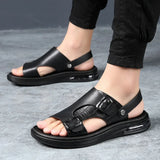 Genuine Leather Shoes Men's Sandals Flat Non-slip Summer Holiday Beach Cow Leather Footwear Black MartLion Black 9.5 