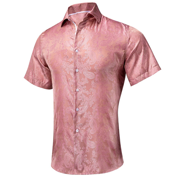  Hi-Tie Short Sleeve Silk Men's Shirts Breathable Shirt Office Sky Blue Rose Pink Teal MartLion - Mart Lion