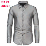 Silver Metallic Sequins Glitter Shirt Men's Disco Party Halloween Chemise Homme Stage Performance Shirt MartLion A303 Silver US Size S 