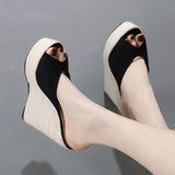 Liyke Platform Wedges Slippers Summer Peep Toe 14CM Heels Shoes Woman Super High Mules Female Sandals Black Mart Lion   