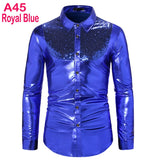 Men's Disco Shiny Gold Sequin Metallic Design Dress Shirt Long Sleeve Button Down Christmas Halloween Bday Party Stage Mart Lion A45 Royal Blue US Size S 