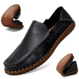 Genuine Leather Men's Loafers Cow Leather Casual Shoes Soft Moccasins Hand Sewn Driving Shoes Mart Lion Black 47 
