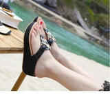 Women Slippers Thong Flip Flop Summer Beach Wedge Shoes Bohemia Ethnic Rhinestone Crystal Mules Slide Sandals MartLion Black 41 