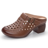 Summer Outdoor Wear Slippers Hollow Round Toe Genuine Leather Elegant Sandals Women MartLion   