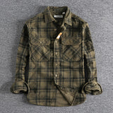 Plaid Woven Corduroy Men Shirts  Cotton  Heavy Washed Workwear Retro Western Style Casual MartLion GREEN CHECK L 65-75kg 