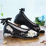 Satin Fabric Embroidered Women Ankle Strap Ballet Flats Vegan Elegant Ladies Walking Shoes Black White Gray MartLion   