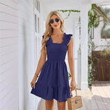 Summer Slim Fit Stretch Dresses Women Ruffle Trim Suspenders Dress Female Waist Pleated Hem Frock Casual Backless Gown MartLion Navy Blue S 