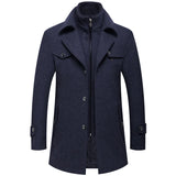 Winter Men's Slim Fit Wool Trench Coats Middle Long Outerwear Double Collar Zipper Solid Color Casusal Woolen Coats MartLion Navy Blue L 