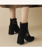 Women Boots Cow Suede Leather Shoes  Women Pointed Toe Chunky Heel Shoes Zipper Short MartLion   