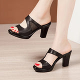 8cm Cutout Mesh Block High Heels Slides Summer Shoes Soft Leather Slippers Platform for Office Work Mom MartLion Black 9.5 